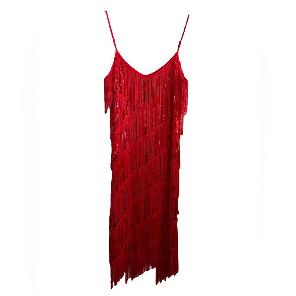Anna-Kaci Chic Red Fringe and Sequins Midi Strappy Dress - Picture 4 of 8